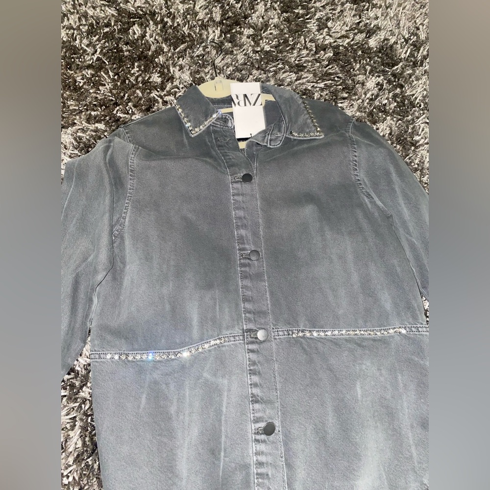 Zara grey denim Button Down Shirt with crystal - Picture 2 of 4